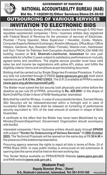 National Accountability Bureau Islamabad Tender Notice